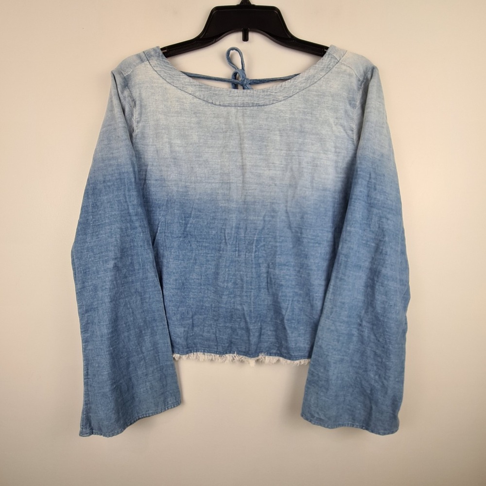 Cloth & Stone Blue Ombré‎ Cotton Fringe Hem Blouse Small Blue Button Tie Back